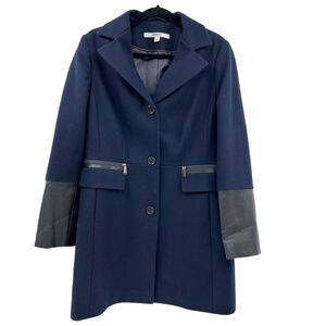 DKNY Wool Navy Blue Black Sleeve Button Down Overcoat Size 14